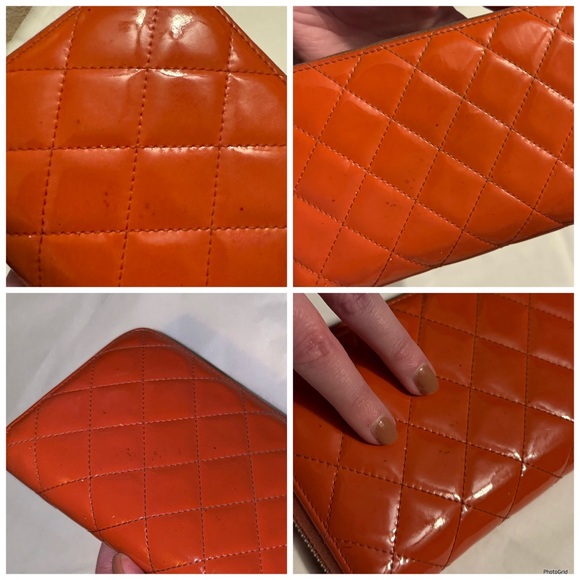 AUTHENTIC CHANEL Coral Orange Matelasse Patent Interlocking C CC Quilted Wallet - Picture 7 of 16